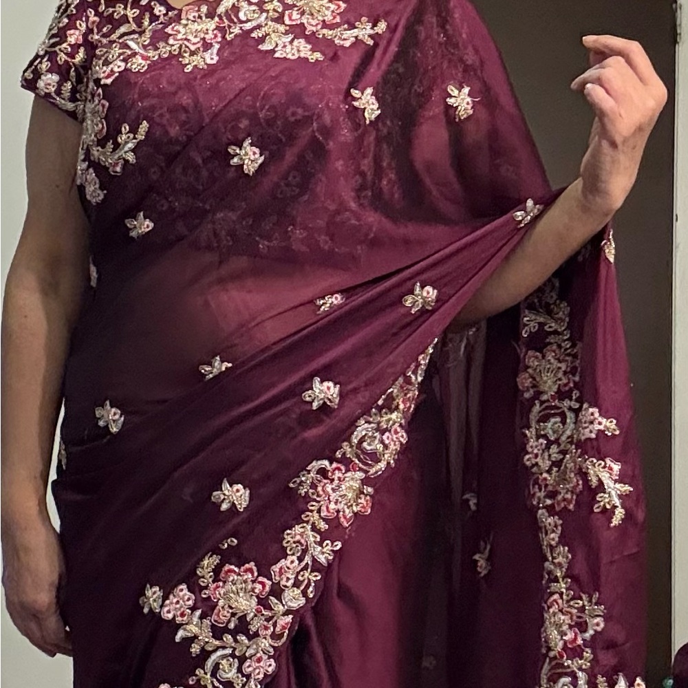 Embroidered Maroon Saree with Gold & Pink Accents